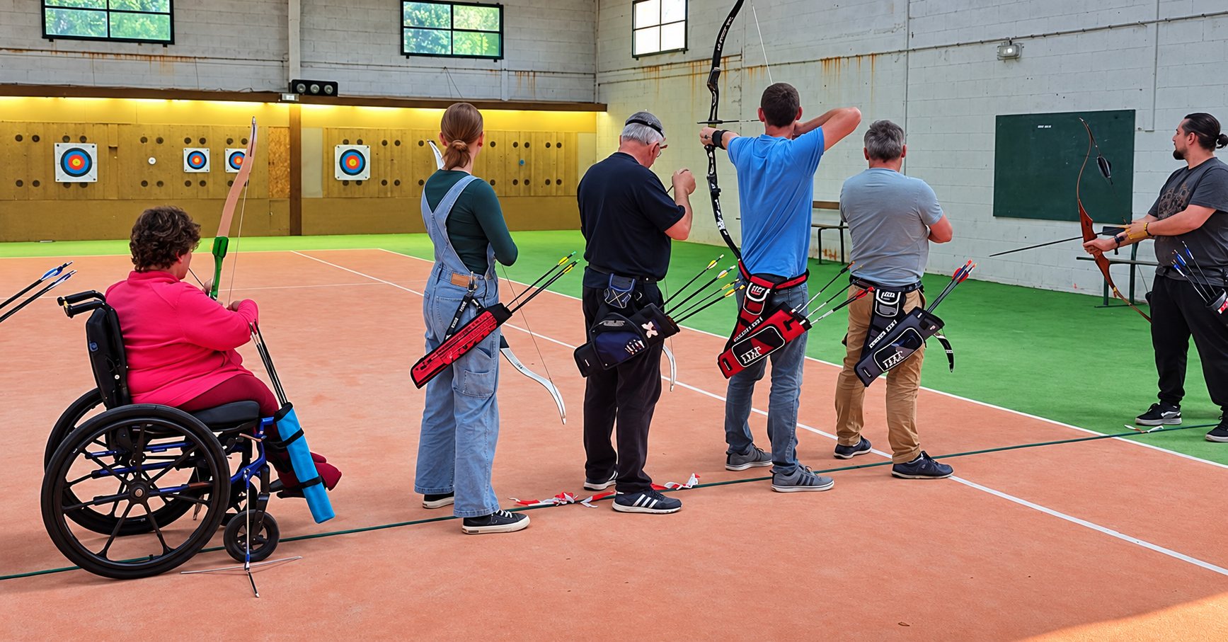 Six archers, dont une personne en fauteuil roulant, tirent à l'arc vers des cibles dans une salle d'entraînement couverte.