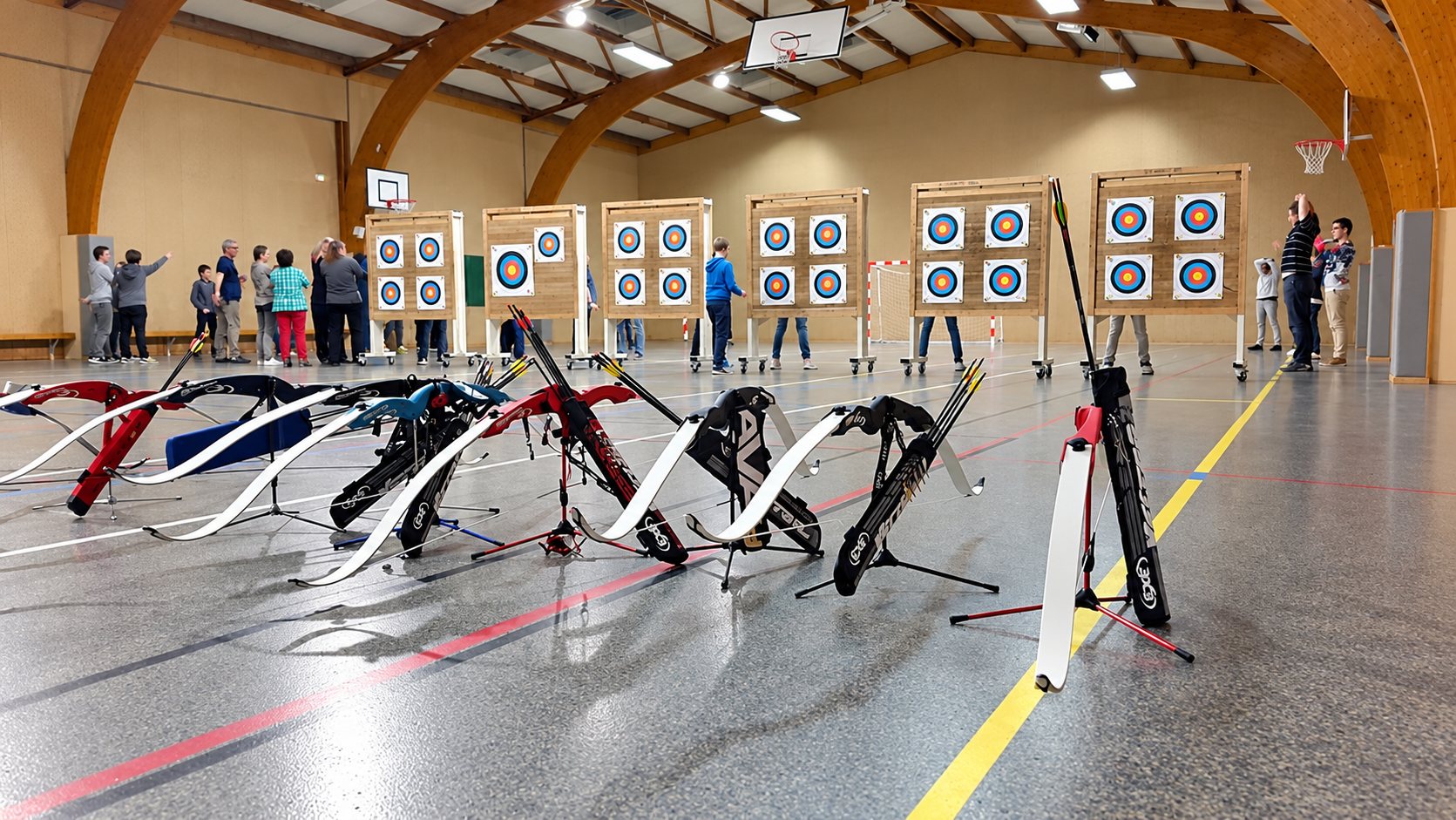 Dans un gymnase aux charpentes en bois, plusieurs arcs posés sur leurs supports font face à des cibles de tir à l’arc, devant des archers rassemblés.