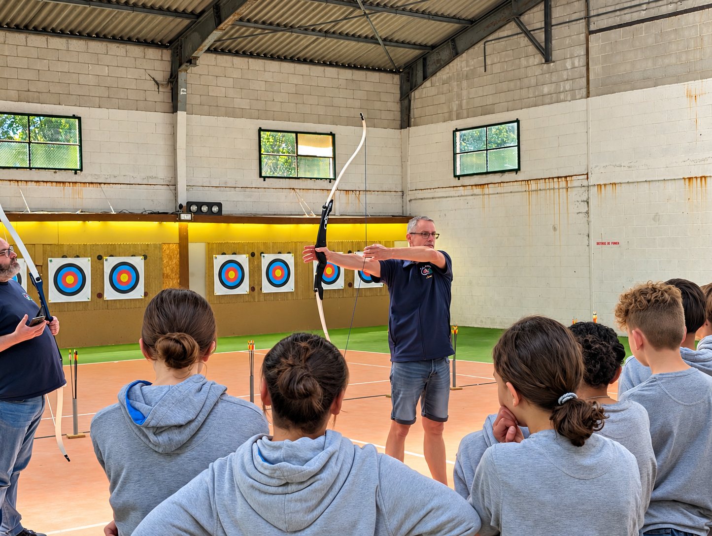 Dans une salle couverte, un moniteur tient un arc levé pour montrer la posture à un groupe d'enfants en sweat gris, face à des cibles colorées.